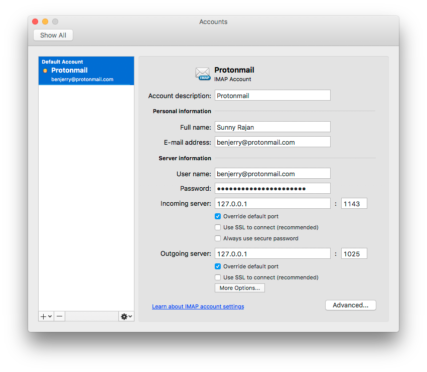 what are the details needed to steup protonmailmail bridge for mac outlook 2016